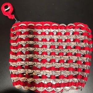 Crocheted Soda Can Tab Zippered Makeup Bag. Red with Silver Tabs